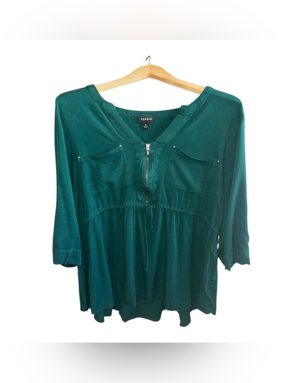 torrid Green Peasant-Style Tunic with Zip Front Long Sleeve And Front Pockets